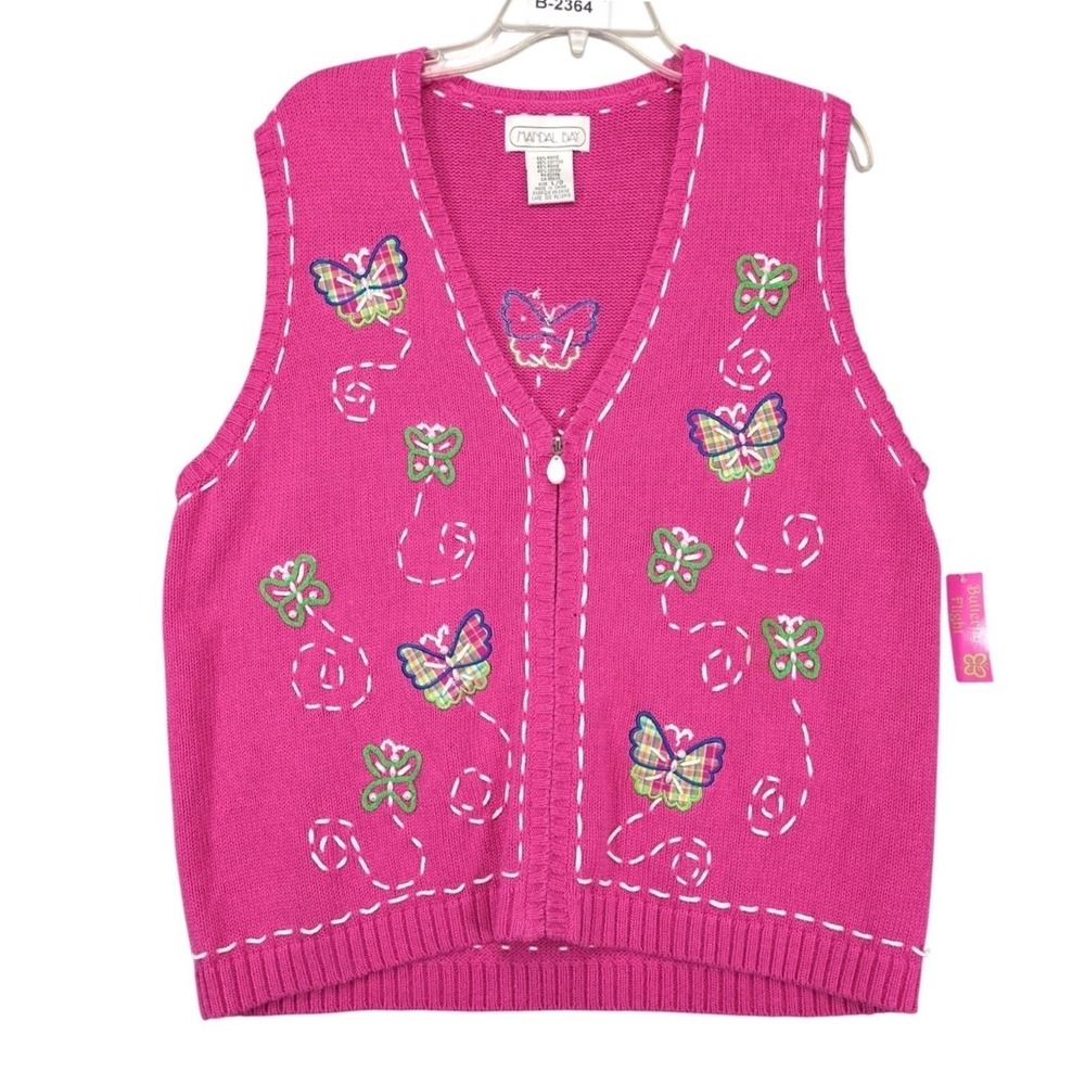 NWT Vintage Y2K Mandal Bay Pink Zip Sweater Vest Womens L Butterfly Flight Bead